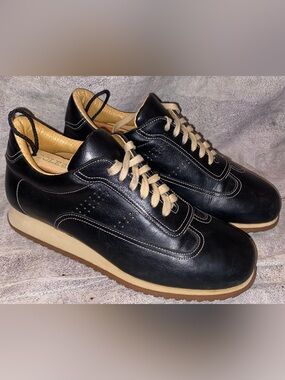 WORN 3X Santoni Club Black Leather Lace Up Sneakers Runners Shoes 7 37 Italy